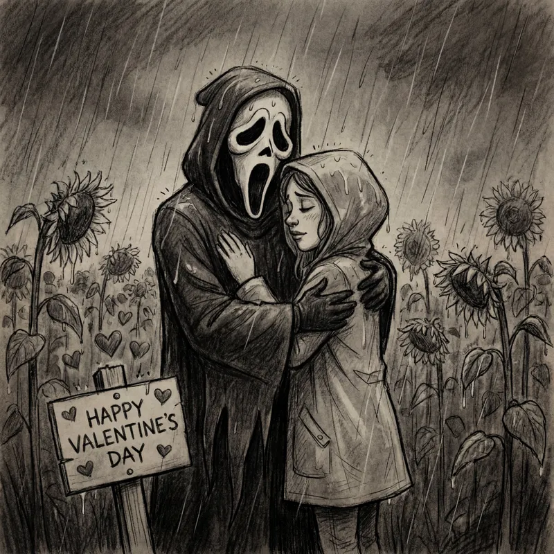 Ghostface Valentine Embrace - Ghostface, the iconic masked figure, stands embracing his newfound love in a field of vibrant sunflowers. It is Valentine's Day, rain pouring gently as the couple shares an intimate, joyful hug. Both are soaked but happy, completely lost in each other, surrounded by the golden blooms. The mood is a blend of fun romance and playful unstoppable love, with Ghostface as the unstoppable force and his partner as the immovable object. - AI image generated with 4K Pro - dark tones, cartoony, pencil drawing