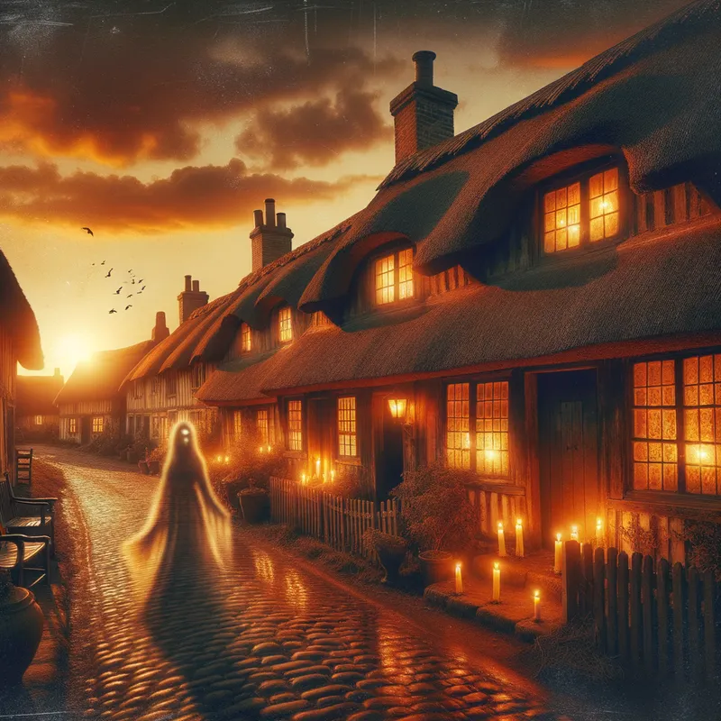 Ghostly Evening in an Edwardian Village - A haunted Edwardian village, enveloped in the golden hues of sunset. Warm lights glow from the windows of ancient thatched cottages, while a spectral figure glides along the cobblestone paths, adding to the evening's spectral allure. - AI image generated with Art - nostalgic vintage scene, fantasy art, Raphael