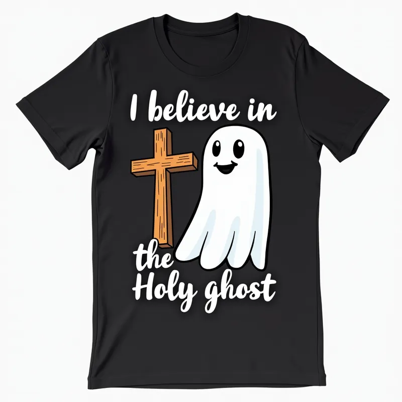 Ghostly Grace - A charming clothing design that features a cheeky, smiling ghost beside a cross, with the words 'I believe in ghosts, The Holy Ghost' in a playful, curvy font that makes the theme of faith and humor stand out. - AI image generated with Photorealistic 2
