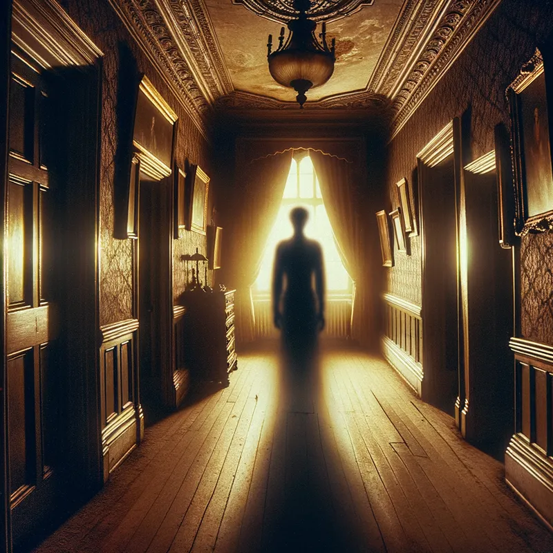 Ghostly Visitation at Nightfall - The eerie silhouette of a supernatural entity materializing amidst the dimly lit rooms and corridors of a historic Ormskirk house, 1982. - AI image generated with Art