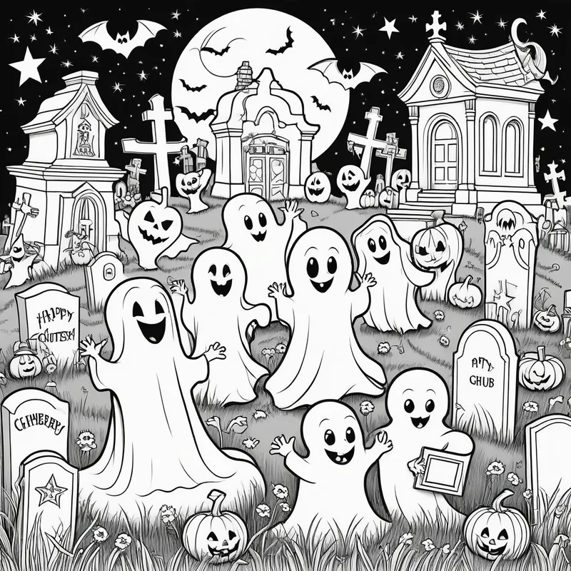 Ghoul Gathering - A Halloween coloring page showcasing a group of friendly ghosts and ghouls having a party in a cemetery, with tombstones, jack-o'-lanterns, and a starry night sky. - AI image generated with Photorealistic
