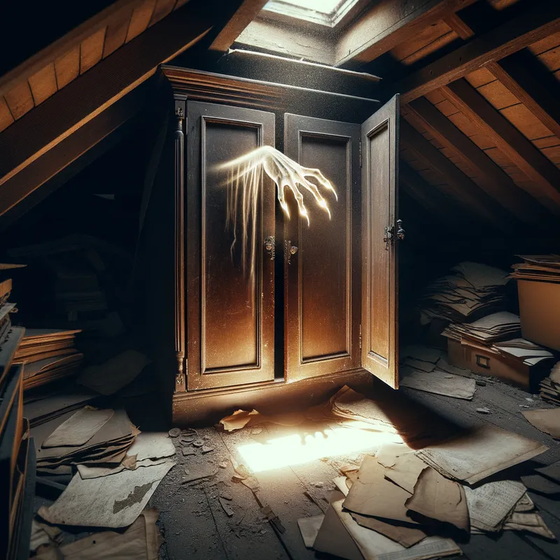 Ghoulish Arrival - In a neglected, dusty attic, an antique wardrobe with doors slightly ajar; a ghostly, translucent hand clawing its way out, emitting an ominous glow that reflects on old papers scattered around. - AI image generated with Art - dark tones