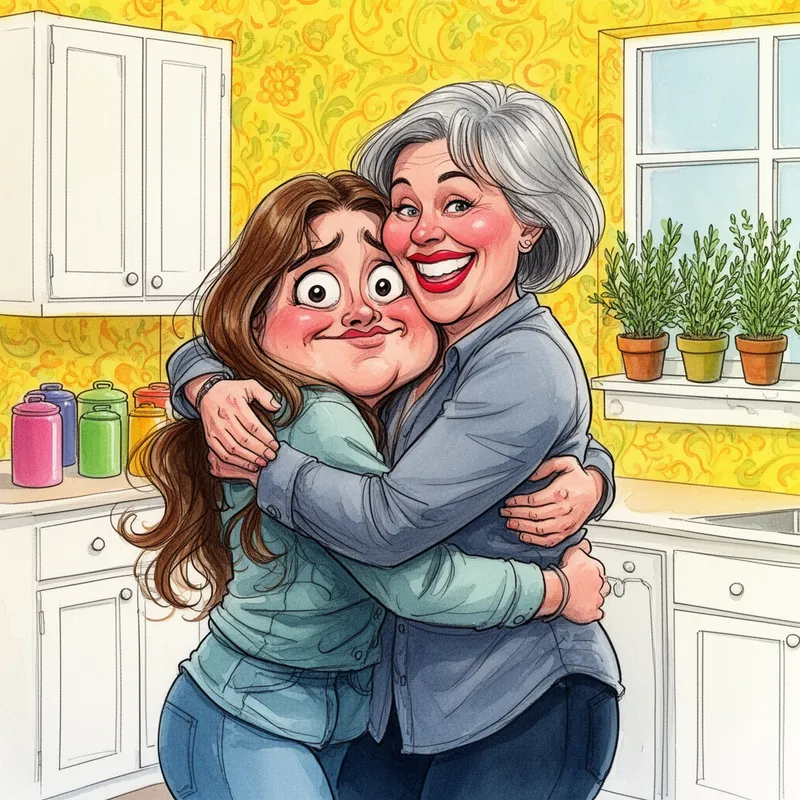Giant Hug in the Yellow Kitchen - A funny and dramatic watercolor-and-ink clipart illustration of a comical mother with short gray hair and bright lipstick enveloping her beautiful long-haired daughter in an enormous bear hug. The daughter’s face is adorably squashed, her eyes bulging from the force, while the mother beams with exaggerated affection. Both wear casual outfits and are anatomically correct, with their arms wrapped tightly around each other. Apply rule of thirds composition and make the embrace the visual core. The background is a colorful yellow kitchen with wallpaper, white cabinets, colorful canisters, and herbs in pots along the windowsill. Quirky, expressive, and highly detailed. - AI image generated with Flux 2