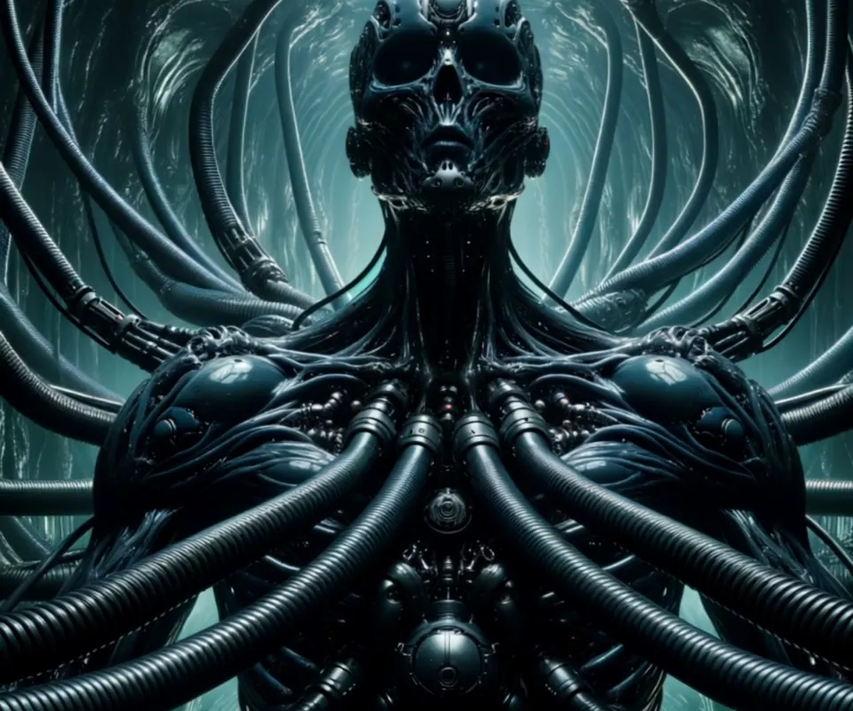 Giger-Inspired Biomechanoid in Alien Lur - A dark biomechanical entity inspired by H.R. Giger aesthetics, blending organic flesh and cold machinery into a single coherent form.
The creature emerges from a cathedral-like alien chamber made of ribbed metal, pipes, and pulsating organic walls.
Its body is elongated and skeletal, with smooth black exoskeleton surfaces fused with sinewy muscles and biomechanical tubing.
The face is partially humanoid but distorted, with hollow eyes, an elongated skull, and breathing apparatus fused directly into the flesh.
Intricate biomechanical details: cables growing like veins, metallic vertebrae, embedded pistons, and alien skeletal structures.
Surfaces are glossy, wet, and organic-looking, with subtle reflections and oily textures.
Lighting is low-key and cinematic, with cold blue and desaturated green highlights, deep shadows, and volumetric fog.
The mood is dark, unsettling, erotic-biomechanical, surreal, and otherworldly.
Ultra-detailed, high-resolution, sharp focus, realistic textures, complex anatomy, dramatic composition, sci-fi horror art, masterpiece quality. - AI video generated with Lite