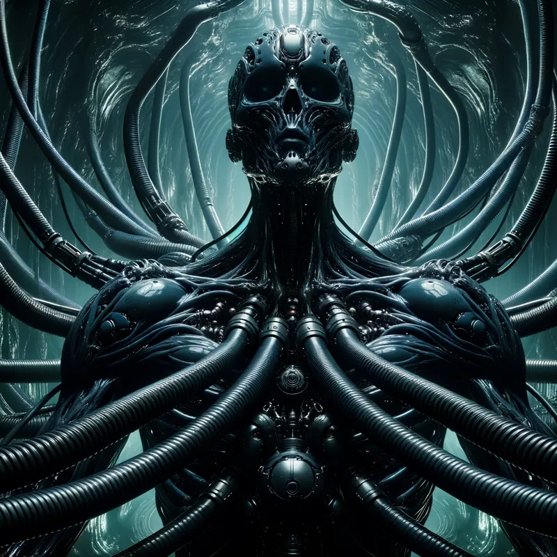 Gigeresque Biomechanical Horror Entity - A dark biomechanical entity inspired by H.R. Giger aesthetics, blending organic flesh and cold machinery into a single coherent form.
The creature emerges from a cathedral-like alien chamber made of ribbed metal, pipes, and pulsating organic walls.
Its body is elongated and skeletal, with smooth black exoskeleton surfaces fused with sinewy muscles and biomechanical tubing.
The face is partially humanoid but distorted, with hollow eyes, an elongated skull, and breathing apparatus fused directly into the flesh.
Intricate biomechanical details: cables growing like veins, metallic vertebrae, embedded pistons, and alien skeletal structures.
Surfaces are glossy, wet, and organic-looking, with subtle reflections and oily textures.
Lighting is low-key and cinematic, with cold blue and desaturated green highlights, deep shadows, and volumetric fog.
The mood is dark, unsettling, erotic-biomechanical, surreal, and otherworldly.
Ultra-detailed, high-resolution, sharp focus, realistic textures, complex anatomy, dramatic composition, sci-fi horror art, masterpiece quality. - AI image generated with Art - Giger