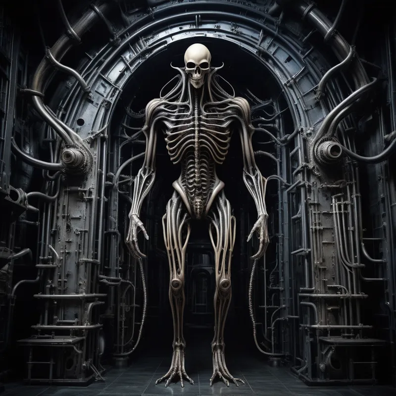 Gigeresque Biomechanical Horror Entity - A dark biomechanical entity inspired by H.R. Giger aesthetics, blending organic flesh and cold machinery into a single coherent form.
The creature emerges from a cathedral-like alien chamber made of ribbed metal, pipes, and pulsating organic walls.
Its body is elongated and skeletal, with smooth black exoskeleton surfaces fused with sinewy muscles and biomechanical tubing.
The face is partially humanoid but distorted, with hollow eyes, an elongated skull, and breathing apparatus fused directly into the flesh.

Intricate biomechanical details: cables growing like veins, metallic vertebrae, embedded pistons, and alien skeletal structures.
Surfaces are glossy, wet, and organic-looking, with subtle reflections and oily textures.

Lighting is low-key and cinematic, with cold blue and desaturated green highlights, deep shadows, and volumetric fog.
The mood is dark, unsettling, erotic-biomechanical, surreal, and otherworldly.

Ultra-detailed, high-resolution, sharp focus, realistic textures, complex anatomy, dramatic composition, sci-fi horror art, masterpiece quality. - AI image generated with Photorealistic - Giger