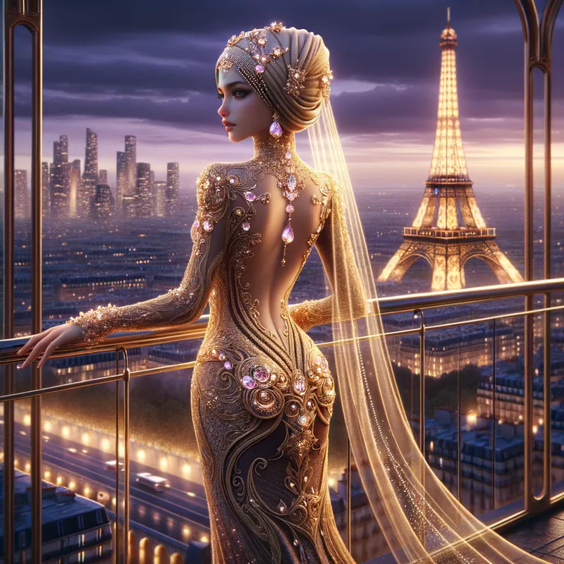 Gilded Elegance - woman in shimmering golden gown with crystals running down her back on a terrace standing in front of Eiffel Tower Paris - AI image generated with Art - fantasy art, intricate details, clear transparent glass