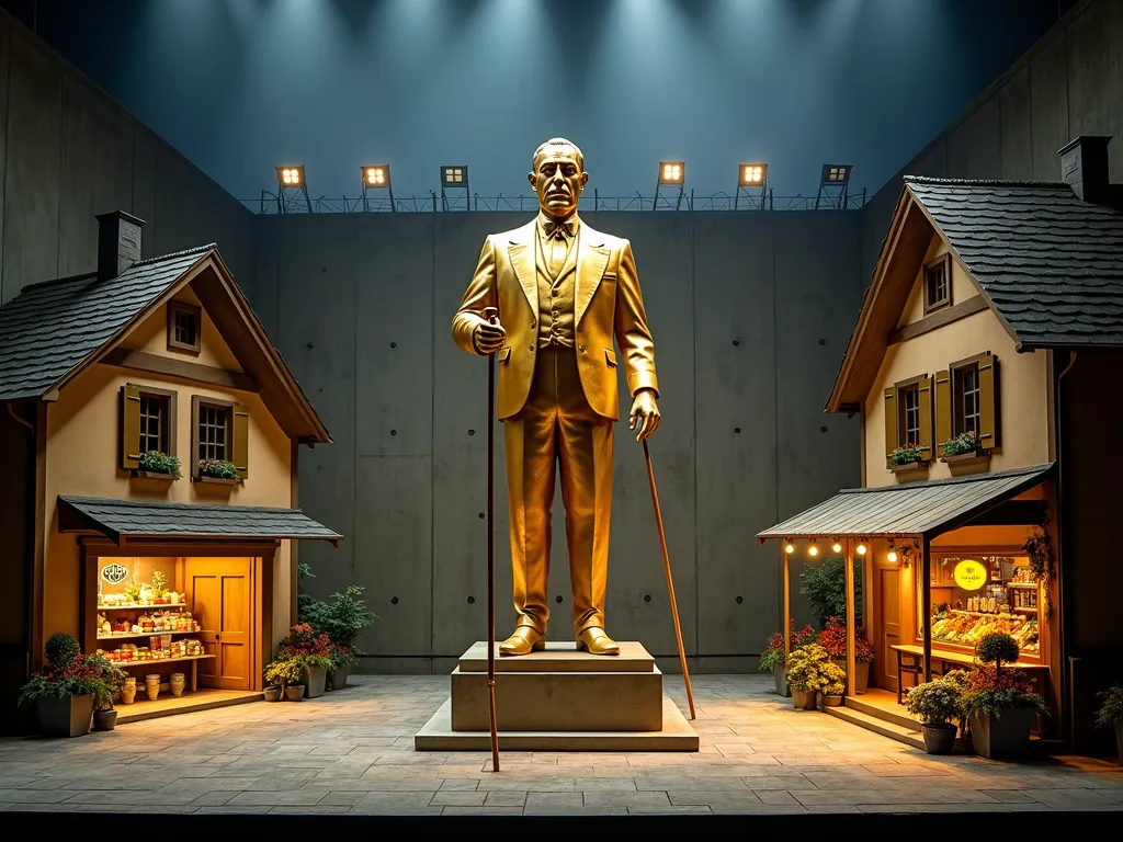 Gilded Mayor, Village Square - Photorealistic image of a stage set.
Golden Statue:
An oversized, ostentatious statue of the mayor, centrally located in the village square of an Austrian village.
The statue is not yet fully gilded, surrounded by scaffolding.
Concrete wall in the background:
The wall stretches across the entire back of the stage, bare and menacing, with barbed wire and floodlights on top.
Left: Facade of the grocery store:
A small, charming store with an inviting display window and arrangements of fruits, vegetables, and international specialties.
Right: Facade of the inn "Zum Goldenen Herz":
A rustic building with flowers in the windows. Above the entrance hangs a sign with a golden glowing heart.
The beer benches in front of the inn are a central meeting point for the villagers. Important disputes take place here. - AI image generated with Photorealistic 2