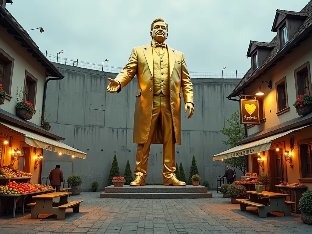 Gilded Mayor's Watch - Photorealistic image.
Golden statue:
An oversized, ostentatious statue of the mayor, centrally located in the village square.
The statue is not yet fully gilded, surrounded by scaffolding.
Concrete wall in the background:
The wall stretches across the entire back of the stage, bare and menacing, with barbed wire and floodlights on top.
Left: Facade of the grocery store:
A small, charming store with an inviting display window and stands for fruits, vegetables, and international specialties.
Right: Facade of the inn "Zum Goldenen Herz":
A rustic building with flowers in the windows. Above the entrance hangs a sign with a golden glowing heart.
The beer benches in front of the inn are a central meeting point for the villagers. Important debates take place here. - AI image generated with Photorealistic 2
