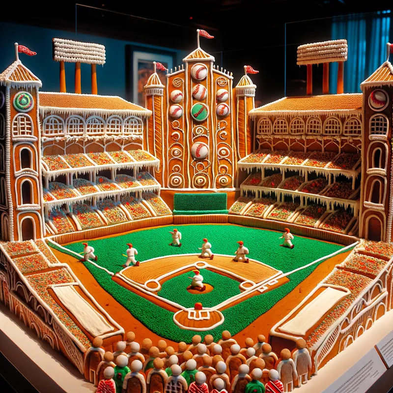 Gingerbread Sports Arena - An artistic representation of the El Paso Chihuahuas Stadium crafted from gingerbread with detailed frosting décor. The scene includes candy-made spectators and intricate designs that highlight the festive and edible nature of the stadium. - AI image generated with Art