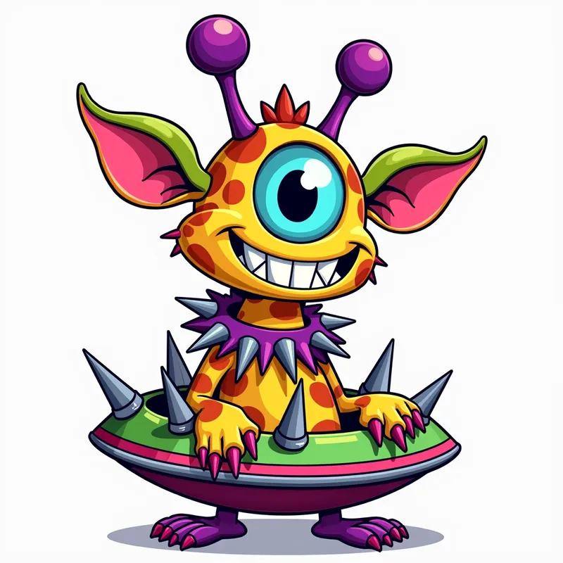 Giraffe-Headed Cosmic Monster - line art illustration of of a cartoonish brightly coloured monster with one large blue eye, a giraffe head, a wide smile, and sharp teeth is centered in the image, featuring purple antennae with oval tips, green and pink ears, and purple feet and hands, set against a plain white background. It is wearing a gothic collar with huge metal spikes sticking out, and sitting in a brightly coloured spaceship which has metal spikes around the edge.. - AI image generated with Photorealistic 2