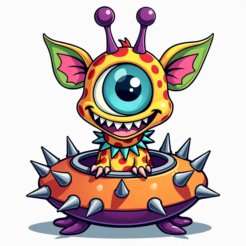 Giraffe-Headed Cosmic Monster - line art illustration of of a cartoonish brightly coloured monster with one large blue eye, a giraffe head, a wide smile, and sharp teeth is centered in the image, featuring purple antennae with oval tips, green and pink ears, and purple feet and hands, set against a plain white background. It is wearing a gothic collar with huge metal spikes sticking out, and sitting in a brightly coloured spaceship which has metal spikes around the edge.. - AI image generated with Photorealistic 2