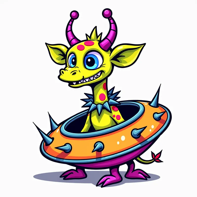 Giraffe-Headed Cosmic Monster - line art illustration of of a cartoonish brightly coloured monster with one large blue eye, a giraffe head, a wide smile, and sharp teeth is centered in the image, featuring purple antennae with oval tips, green and pink ears, and purple feet and hands, set against a plain white background. It is wearing a gothic collar with huge metal spikes sticking out, and sitting in a brightly coloured spaceship which has metal spikes around the edge.. - AI image generated with Photorealistic 2