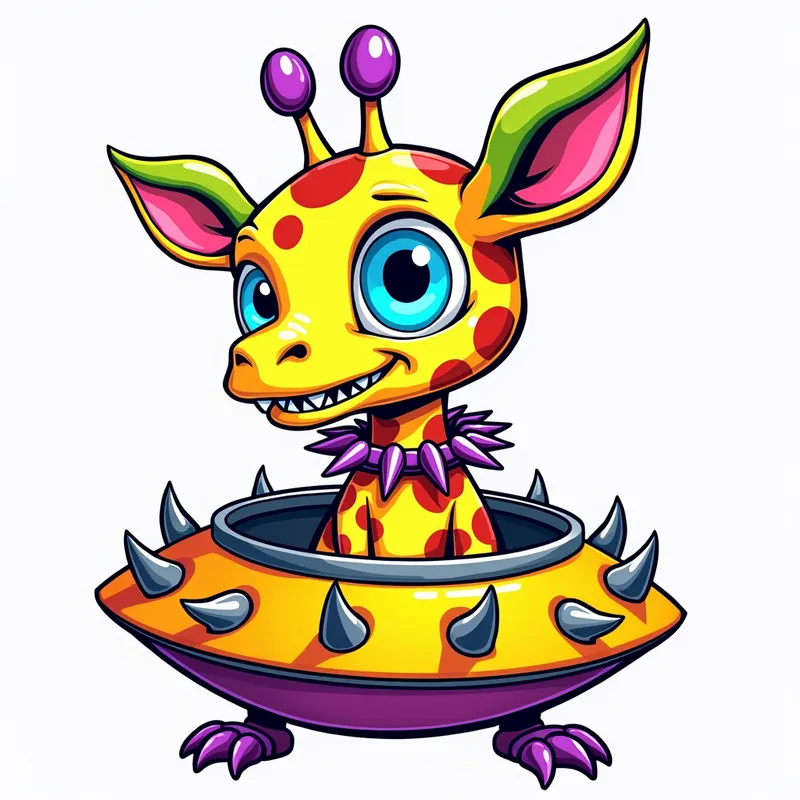 Giraffe-Headed Cosmic Monster - line art illustration of of a cartoonish brightly coloured monster with one large blue eye, a giraffe head, a wide smile, and sharp teeth is centered in the image, featuring purple antennae with oval tips, green and pink ears, and purple feet and hands, set against a plain white background. It is wearing a gothic collar with huge metal spikes sticking out, and sitting in a brightly coloured spaceship which has metal spikes around the edge.. - AI image generated with Photorealistic 2