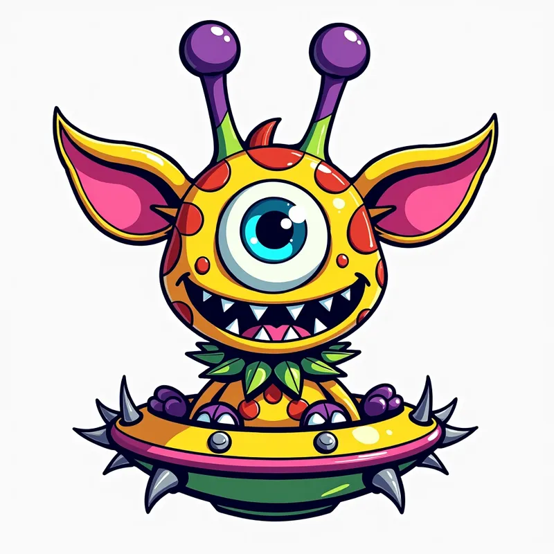 Giraffe-Headed Cosmic Monster - line art illustration of of a cartoonish brightly coloured monster with one large blue eye, a giraffe head, a wide smile, and sharp teeth is centered in the image, featuring purple antennae with oval tips, green and pink ears, and purple feet and hands, set against a plain white background. It is wearing a gothic collar with huge metal spikes sticking out, and sitting in a brightly coloured spaceship which has metal spikes around the edge.. - AI image generated with Photorealistic 2