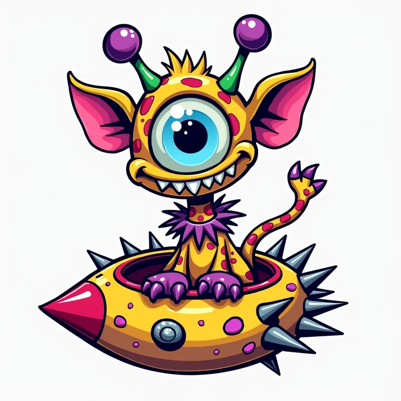 Giraffe-Headed Cosmic Monster - line art illustration of of a cartoonish brightly coloured monster with one large blue eye, a giraffe head, a wide smile, and sharp teeth is centered in the image, featuring purple antennae with oval tips, green and pink ears, and purple feet and hands, set against a plain white background. It is wearing a gothic collar with huge metal spikes sticking out, and sitting in a brightly coloured spaceship which has metal spikes around the edge.. - AI image generated with Photorealistic 2