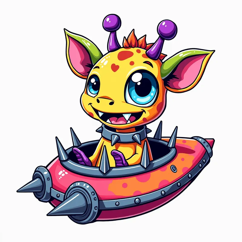 Giraffe-Headed Cosmic Monster - line art illustration of of a cartoonish brightly coloured monster with one large blue eye, a giraffe head, a wide smile, and sharp teeth is centered in the image, featuring purple antennae with oval tips, green and pink ears, and purple feet and hands, set against a plain white background. It is wearing a gothic collar with huge metal spikes sticking out, and sitting in a brightly coloured spaceship which has metal spikes around the edge.. - AI image generated with Photorealistic 2