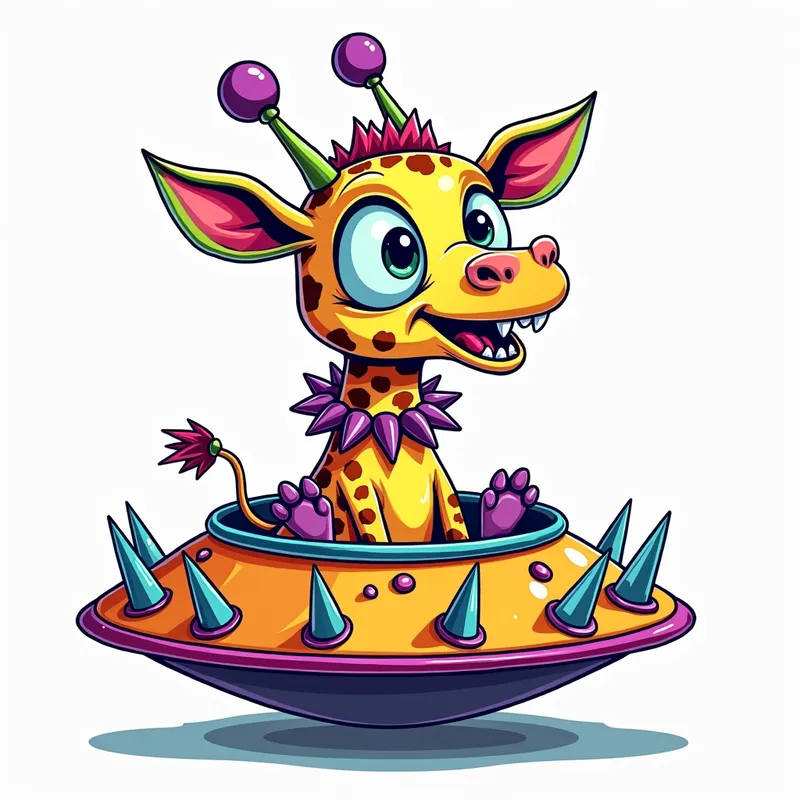 Giraffe-Headed Cosmic Monster - line art illustration of of a cartoonish brightly coloured monster with one large blue eye, a giraffe head, a wide smile, and sharp teeth is centered in the image, featuring purple antennae with oval tips, green and pink ears, and purple feet and hands, set against a plain white background. It is wearing a gothic collar with huge metal spikes sticking out, and sitting in a brightly coloured spaceship which has metal spikes around the edge.. - AI image generated with Photorealistic 2