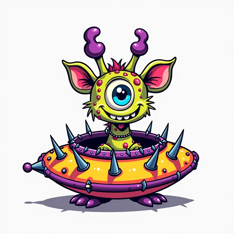 Giraffe-Headed Cosmic Monster - line art illustration of of a cartoonish brightly coloured monster with one large blue eye, a giraffe head, a wide smile, and sharp teeth is centered in the image, featuring purple antennae with oval tips, green and pink ears, and purple feet and hands, set against a plain white background. It is wearing a gothic collar with huge metal spikes sticking out, and sitting in a brightly coloured spaceship which has metal spikes around the edge.. - AI image generated with Photorealistic 2