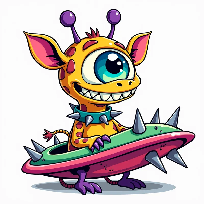 Giraffe-Headed Cosmic Monster - line art illustration of of a cartoonish brightly coloured monster with one large blue eye, a giraffe head, a wide smile, and sharp teeth is centered in the image, featuring purple antennae with oval tips, green and pink ears, and purple feet and hands, set against a plain white background. It is wearing a gothic collar with huge metal spikes sticking out, and sitting in a brightly coloured spaceship which has metal spikes around the edge.. - AI image generated with Photorealistic 2