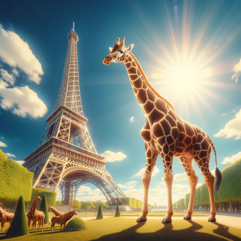 Giraffe Meets Eiffel Tower - A majestic giraffe standing gracefully in front of the iconic Eiffel Tower on a clear, sunny day. The tower looms in the background, while the giraffe looks curious and elegant. The scene captures a whimsical and surreal moment, blending the exotic wildlife with the famous Parisian landmark. - AI image generated with Art