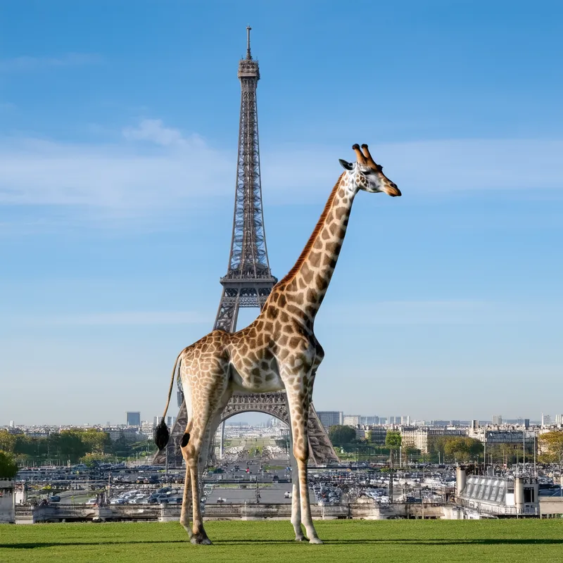 Giraffe Meets Eiffel Tower - A majestic giraffe standing gracefully in front of the iconic Eiffel Tower on a clear, sunny day. The tower looms in the background, while the giraffe looks curious and elegant. The scene captures a whimsical and surreal moment, blending the exotic wildlife with the famous Parisian landmark.