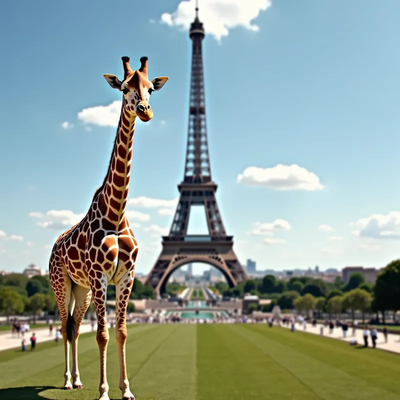 Giraffe Meets Eiffel Tower - A majestic giraffe standing gracefully in front of the iconic Eiffel Tower on a clear, sunny day. The tower looms in the background, while the giraffe looks curious and elegant. The scene captures a whimsical and surreal moment, blending the exotic wildlife with the famous Parisian landmark. - AI image generated with Photorealistic 2
