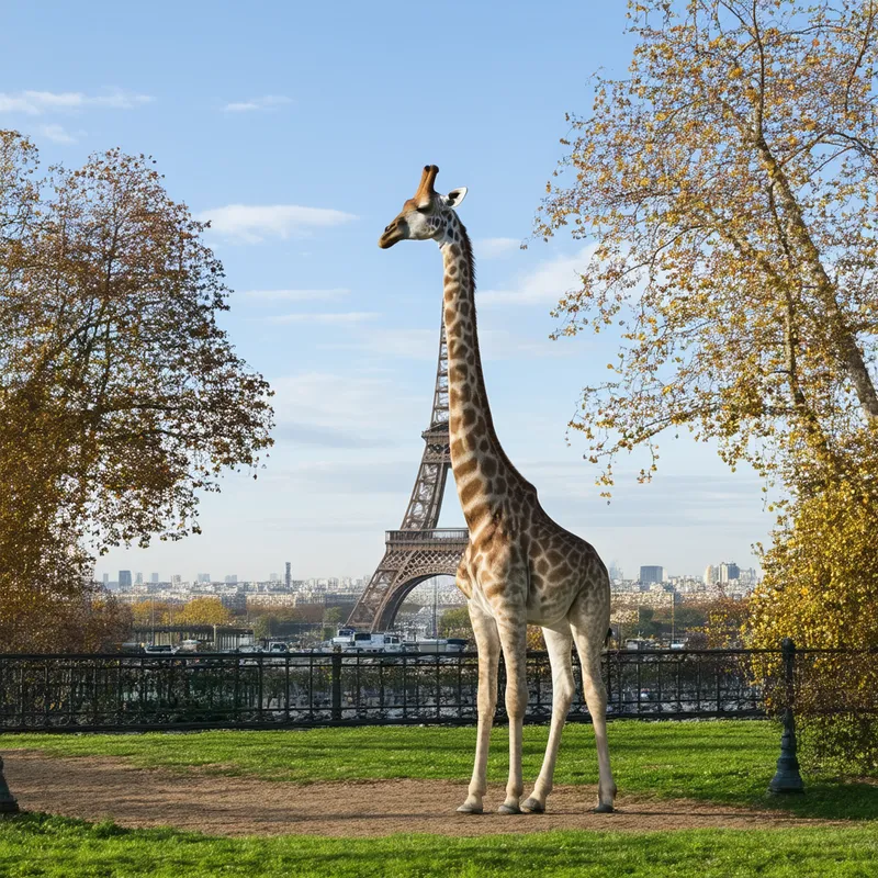 Giraffe in Front of Eiffel Tower - A giraffe standing in front of eiffel tower 