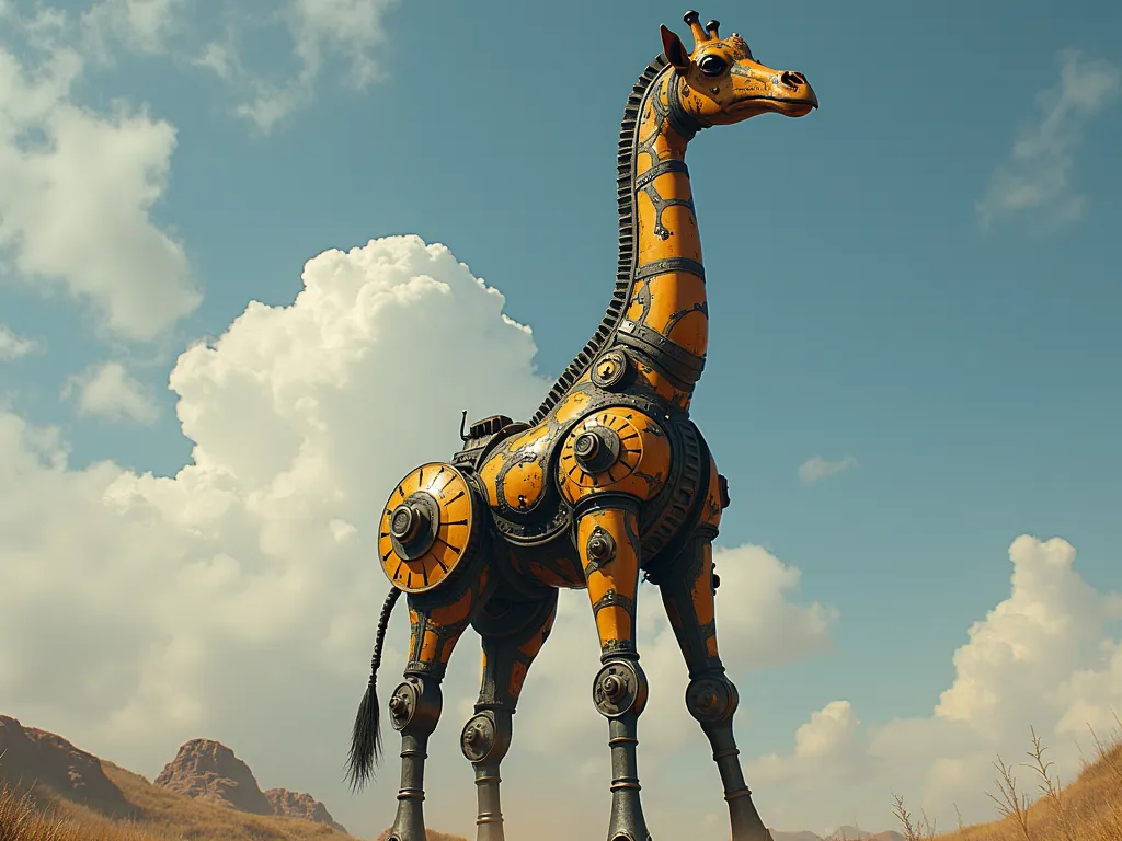 Giraffe's Gaze - A majestic steampunk metal giraffe, standing tall and vigilant, with gears and rivets shining, as it prepares for the looming battle against the winged menace. - AI image generated with Photorealistic 2