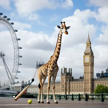 Giraffe with Baseball Bat in London Atmosphere