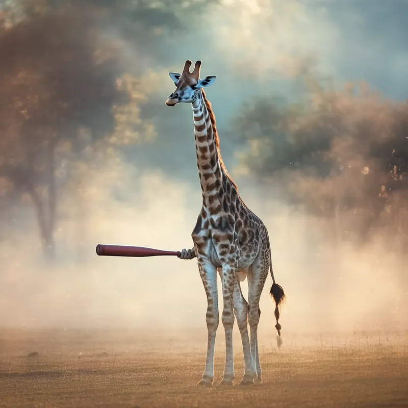 Giraffe with Baseball Bat in Surreal Atmosphere - A long-necked giraffe holding a baseball bat stands in a surreal, dreamlike atmosphere. The background features soft, blurred elements with a whimsical and slightly foggy ambiance, creating an ethereal and otherworldly scene.