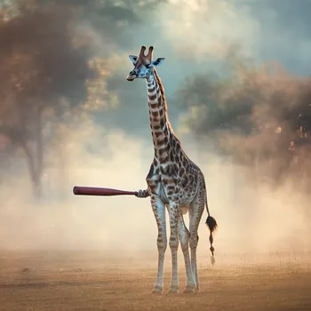 Giraffe with Baseball Bat in Surreal Atmosphere
