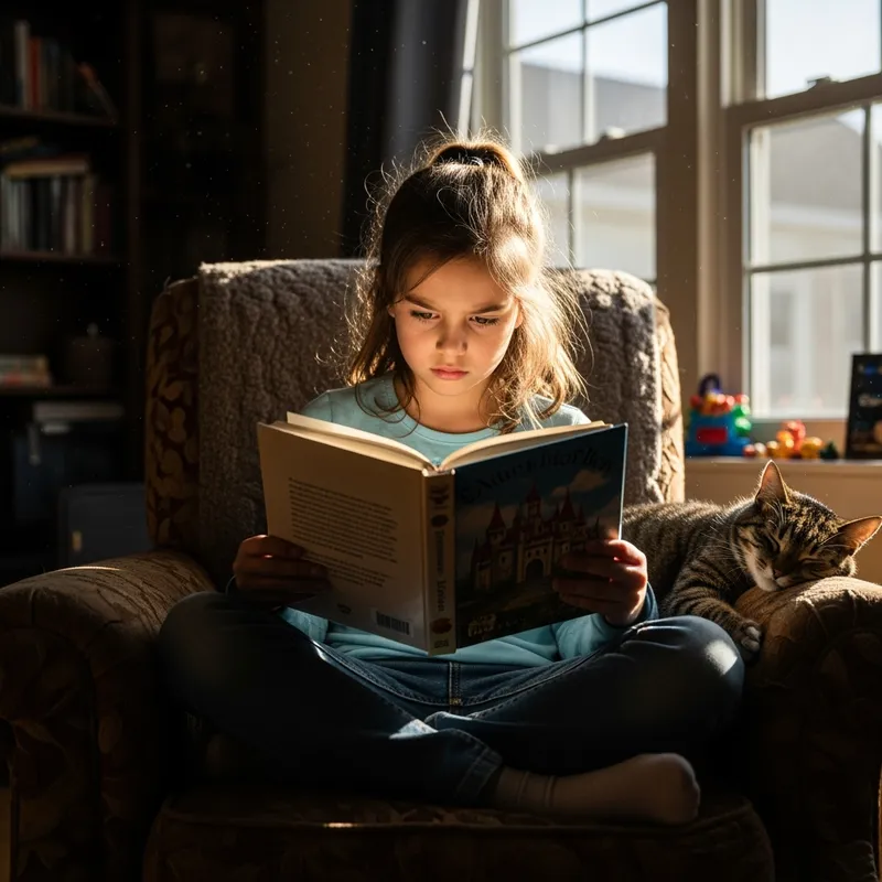 Girl Immersed in a Book - Image of a girl reading book - AI image generated with Imagen 4 Ultra - photorealistic