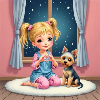 Girl & Yorkie: Heart Gesture at Night