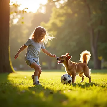 Girl and Dog Playing Football