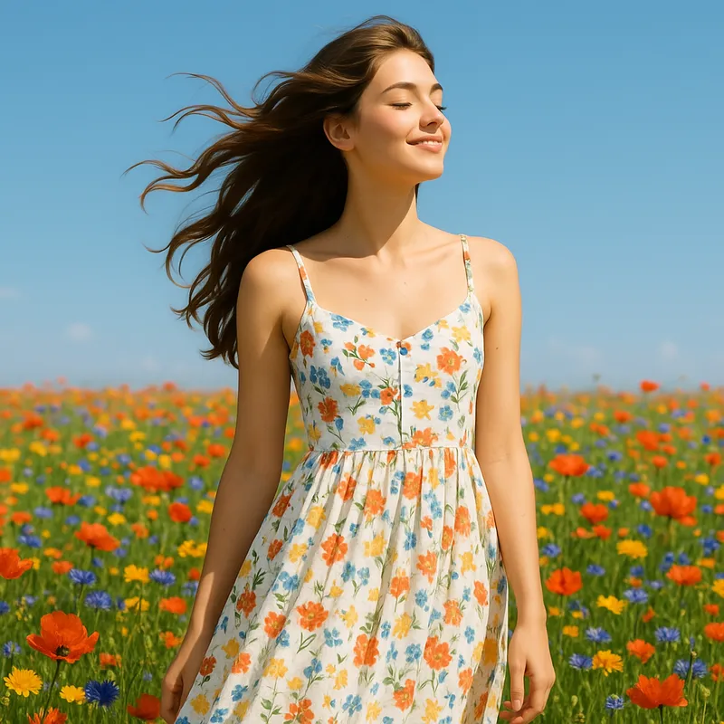 Girl in Dress Amidst Flower Field - Create an image of a girl with flowing brown hair, wearing a summer dress, standing in a vibrant flower field under a clear blue sky. - AI image generated with GPT Image