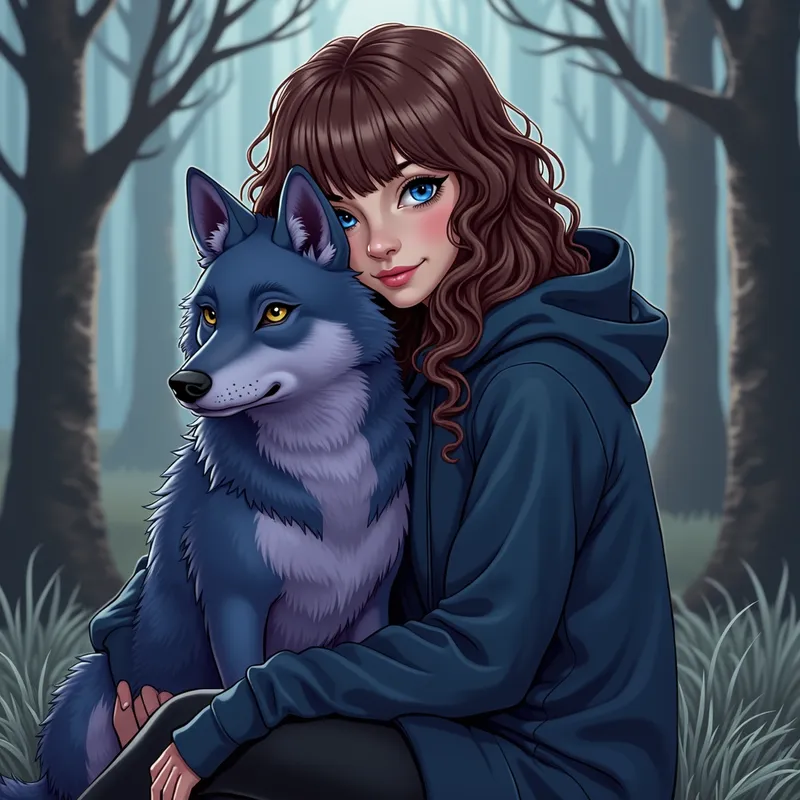 Girl in Woods with Blue & Purple Wolf - Illustration style; a woman with brown curly hair and bangs, blue eyes in a dark hoodie. She sits in the woods with a blue and purple wolf on her lap. - AI image generated with Photorealistic 2