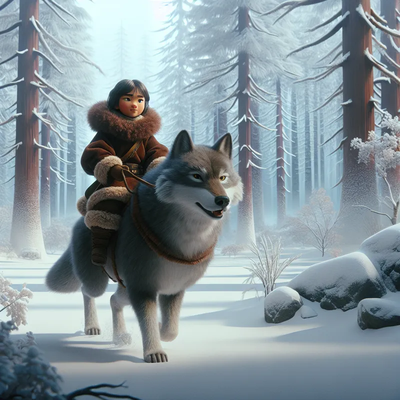 Girl on Gray Wolf in Snowy Forest - A cinematic, animation-style digital illustration of a young girl in warm, thick winter clothing made of brown fur riding on a large gray wolf through a snowy forest - AI image generated with DALL-E 3