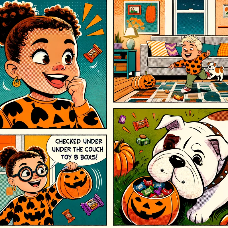 Girl's Candy Hunt: Dog to the Rescue! - A comic book style story in 4 panels depicting a little girl's search for her missing candy, with each panel highlighting her growing frustration and her dog's determination, ending with the dog bringing her a new Halloween basket. - AI image generated with Art