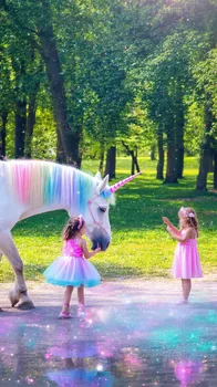 Girls Playing with Multicolored Unicorn