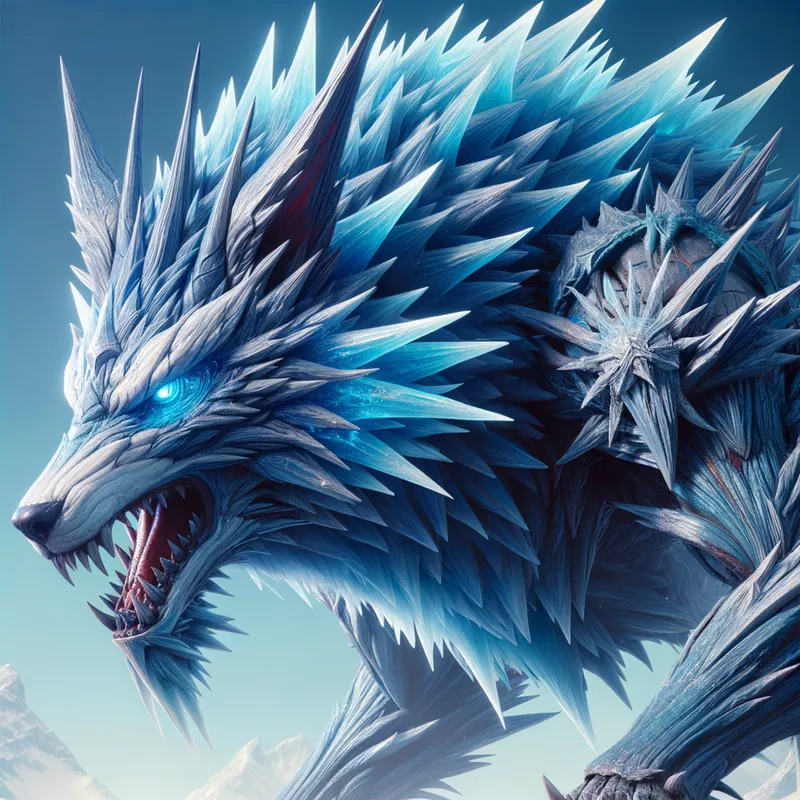 Glacier Fang Titan - A colossal wolf-like creature with sharp blue spikes on its back and piercing glowing blue eyes, embodying the spirit of an ice-type Pokémon. - AI image generated with Art