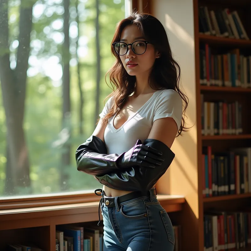 Glamorous Bibliophile - Inside a bright library, with sunlight pouring through a window to a tranquil forest, a breathtaking Asian woman catches your gaze. Her magnificent face is framed by perfect hair and glasses, a white low-neck t-shirt paired with shiny black leather gloves, tight blue jeans, and long, glossy black riding boots. She leans slightly forward, arms crossed under her chest, locking eyes with you in a loving yet teasing manner. The angle is from the ground, highlighting her boots and seductive allure. - AI image generated with Photorealistic 2