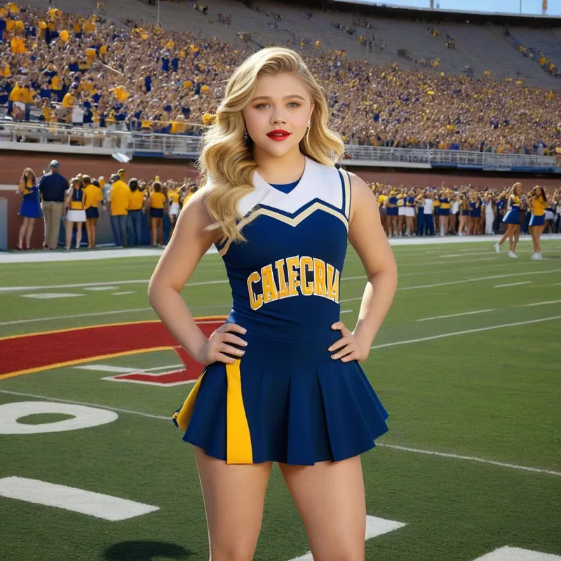 Glamorous Cheer - High glamor photo shoot: Chloe Moretz in a full body pose, wearing a sleeveless University of California cheerleader uniform minidress, sheer shiny shimmering silky suntan pantyhose, 5.5 inch high heeled stilettos, holding pompoms, glamorous make-up, cheering inside Memorial Stadium, red lipstick, long earrings, hair in a ponytail. - AI image generated with Photorealistic
