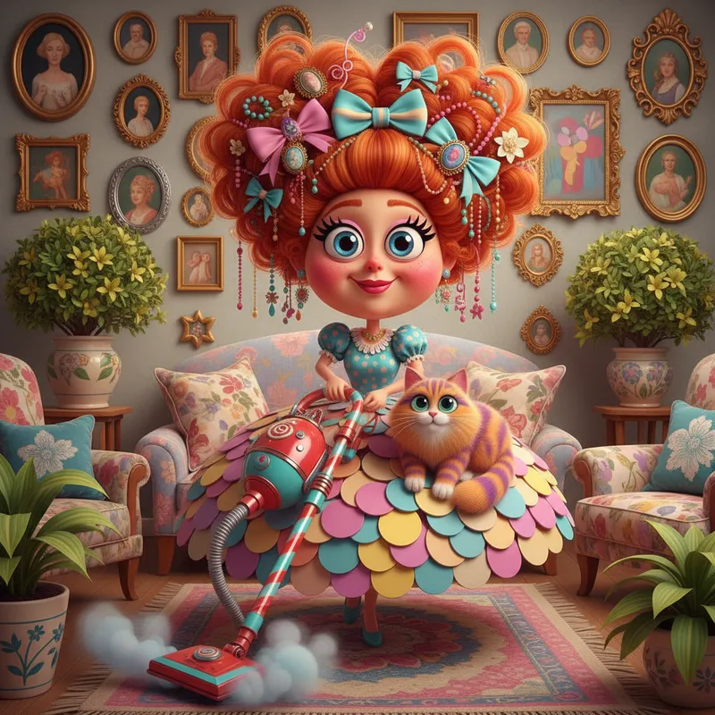 Glamorous Gaze: The Houseplant Heroine - A peculiar, charismatic lady with dramatically large eyes, cheery cheeks, and a hairdo festooned with bows and vintage pins. She stylishly dusts the living room with a candy-colored antique vacuum. Her quirky cat lounges on her polka-dotted skirt. The scene features cozy decor, decorative frames, and vibrant, bushy plants, captured with witty, expressive humor in a 3D toon style. - AI image generated with Nano Banana