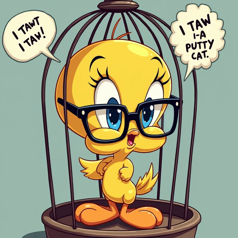 Glasses-Wearing Tweety Speaks - A cartoon-style image of Tweety Bird wearing oversized, thick glasses, sitting inside a classic birdcage. Words appear from his beak saying 'I tawt I taw a puty cat', and he has a mischievous little expression on his face. - AI image generated with Text