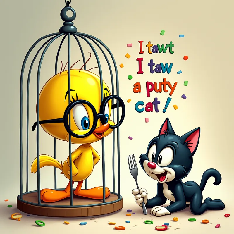 Glasses and Giggles - Inside a birdcage, Tweety bird sports big, thick spectacles and looks out with a sly, playful grin. Colorful letters float from his beak, spelling out 'I tawt I taw a puty cat.' Behind the cage, Sylvester the cat crawls on his belly, holding a fork and a spoon, eyeing Tweety hungrily while trying to sneak closer without being noticed. - AI image generated with Text