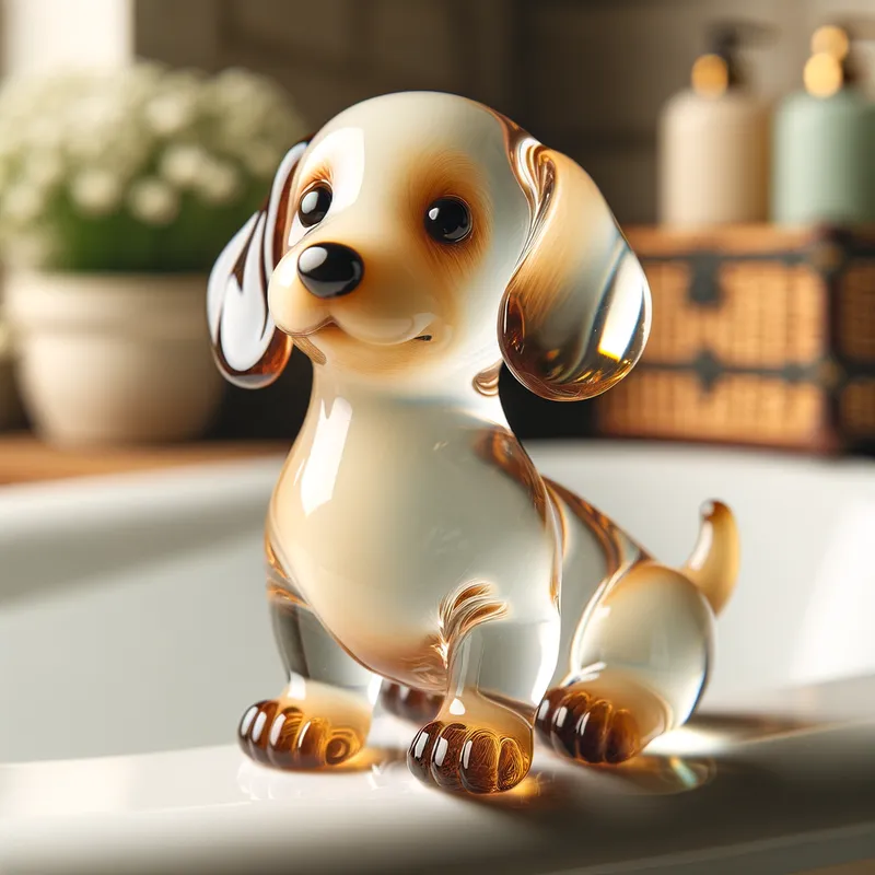 Glassy Pup - A nice and cute blown glass baby dushhound, natural colors, bright and transparent, on the bathtub. - AI image generated with Art