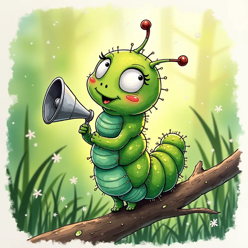 Gleeful Caterpillar and the Bell - An endearing caterpillar ringing a delicate silver bell, with a backdrop of lush greenery and morning dew. - AI image generated with Photorealistic 2 - cartoony, doodle, alcohol ink