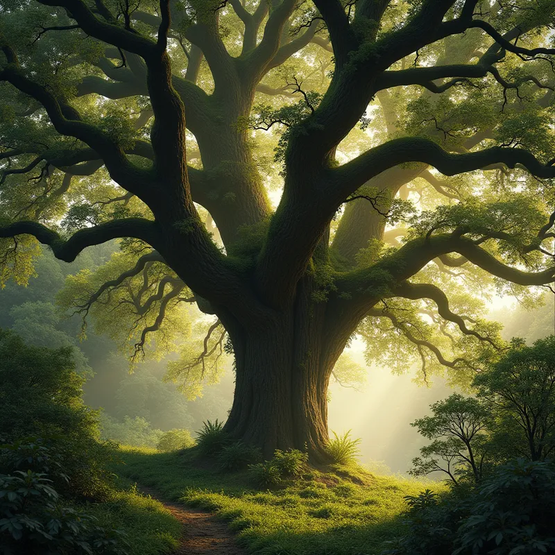 Glen of Whispering Leaves - An ancient oak tree surrounded by dense woodland. Soft, golden dappled sunlight streams through the intertwined branches, giving the serene glen an ethereal ambiance. - AI image generated with Flux