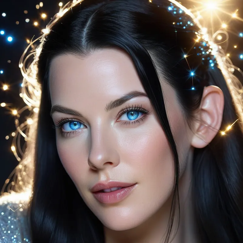 Glimmering Elf Portrait - A portrait focusing on Liv Tyler's face with black hair, radiant light-blue eyes, and small elf ears, accented by glowing magical particles. - AI image generated with Photorealistic - photorealistic